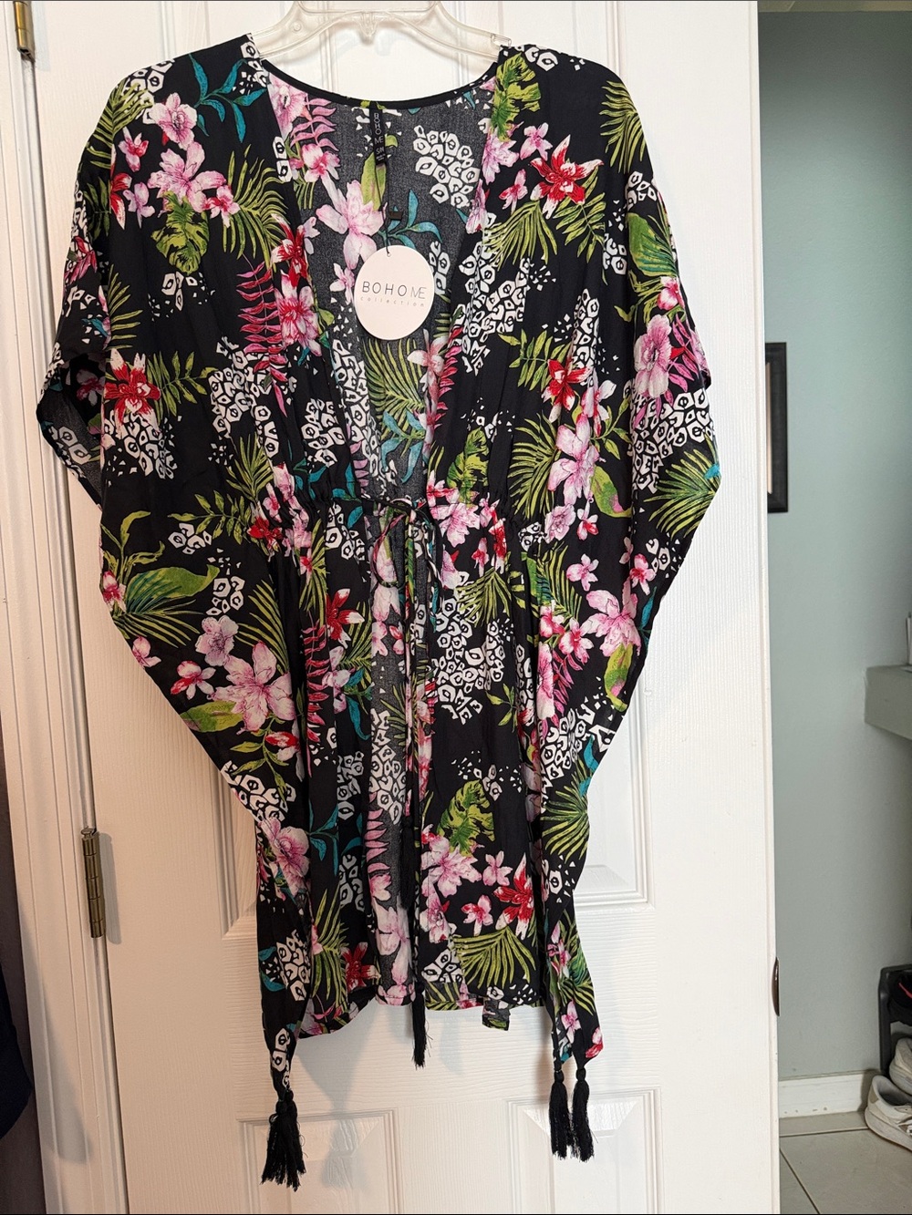 Bohome Black Floral Tie-Front Swim Coverup